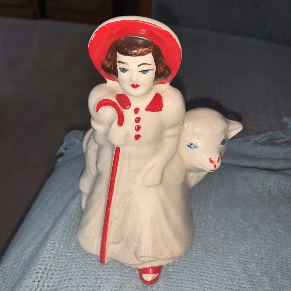 Vintage Little Bo Peep 1940s Ceramic Planter With Sheep Planter White And Red.
